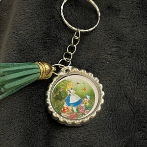 Alice in Wonderland Bottle Cap Keychain with Green Tassel